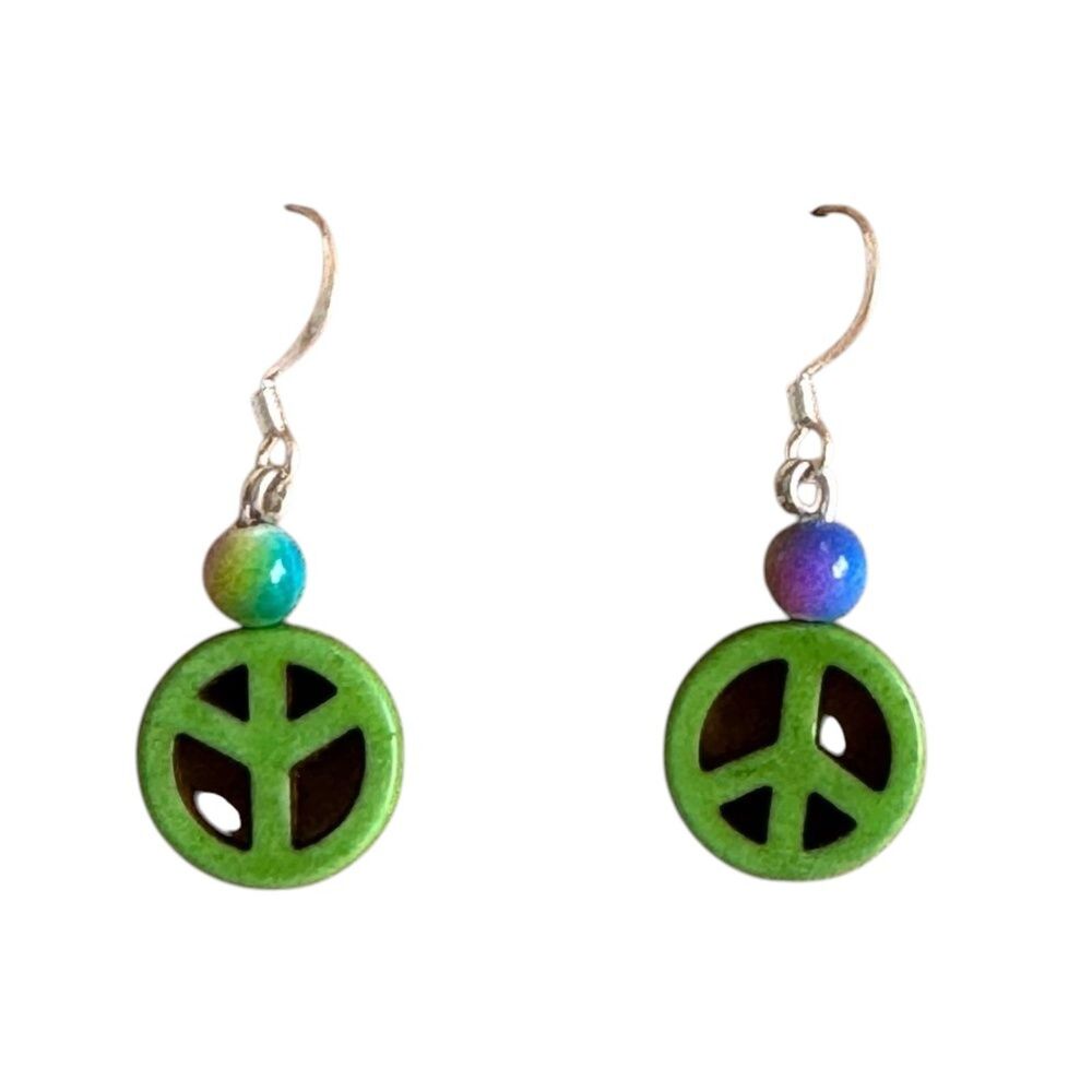 Green Stone Peace Symbol Tie Dyed Earrings Sterling Silver #387
